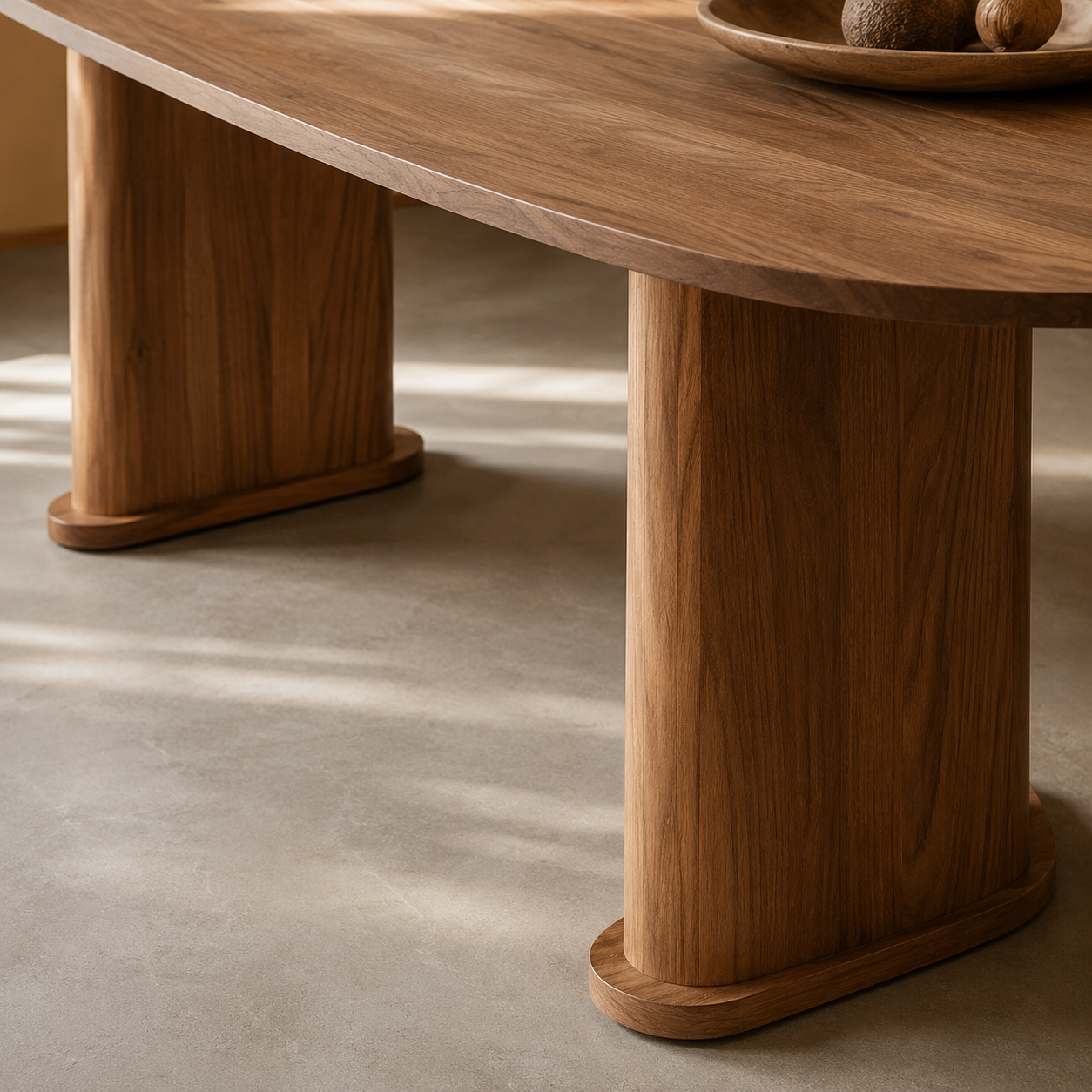 Twin pedestal base of the oval dining table